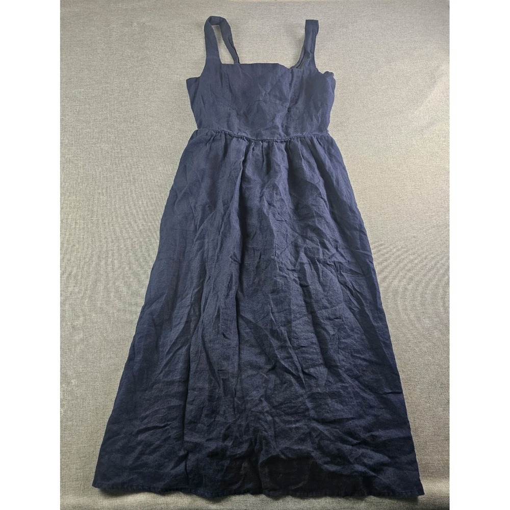 Quince European Linen Fit & Flare Midi Dress Womens Small Navy Blue Smocked Back